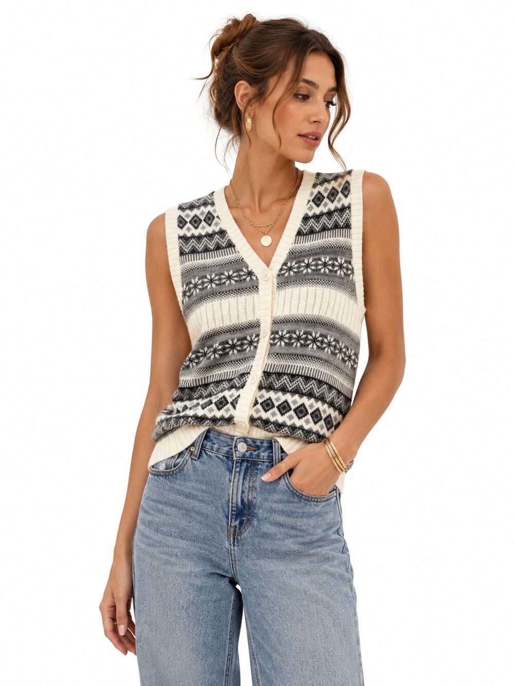Vintage Cape Cod Wool Cream Grey Fair Isle Sweater Vest Womens L Preppy Winter